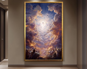 Jesus Ascending to Heaven Religious Art  Radiant Christian Wall Print with Glowing Clouds, Angels, Light Rays and Worshipping Disciples