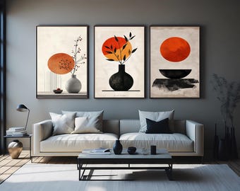 Japandi Vase & Sun Wall Art Set: Boho Minimalist Prints
