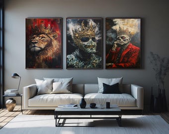 Royal Gothic Skull Art Set of 3 Prints – Dark Fantasy King Skull with Crown, Lion Royalty, and Smoking Skeleton Wall Decor  Surreal Wall Art