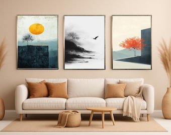 Cliffside Trees Canvas Print Set, Modern Abstract Landscape Wall Art for Living Room or Bedroom, Nature Inspired Scenic Home Decoration