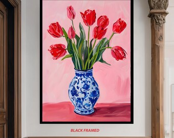Red Tulips in Blue Floral Ceramic Vase Canvas Art with Pink Background for Modern Botanical Wall Decor and Floral Home Accents Floral Canvas
