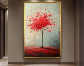 Red Tree Minimalist Wall Art Print Vertical Canvas Painting Modern Nature Abstract Tree Artwork Contemporary Textured Home Decor Tree Canvas