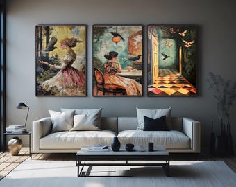 Surreal Woman with Birds Art Print Set: Vintage Fantasy Wall Decor