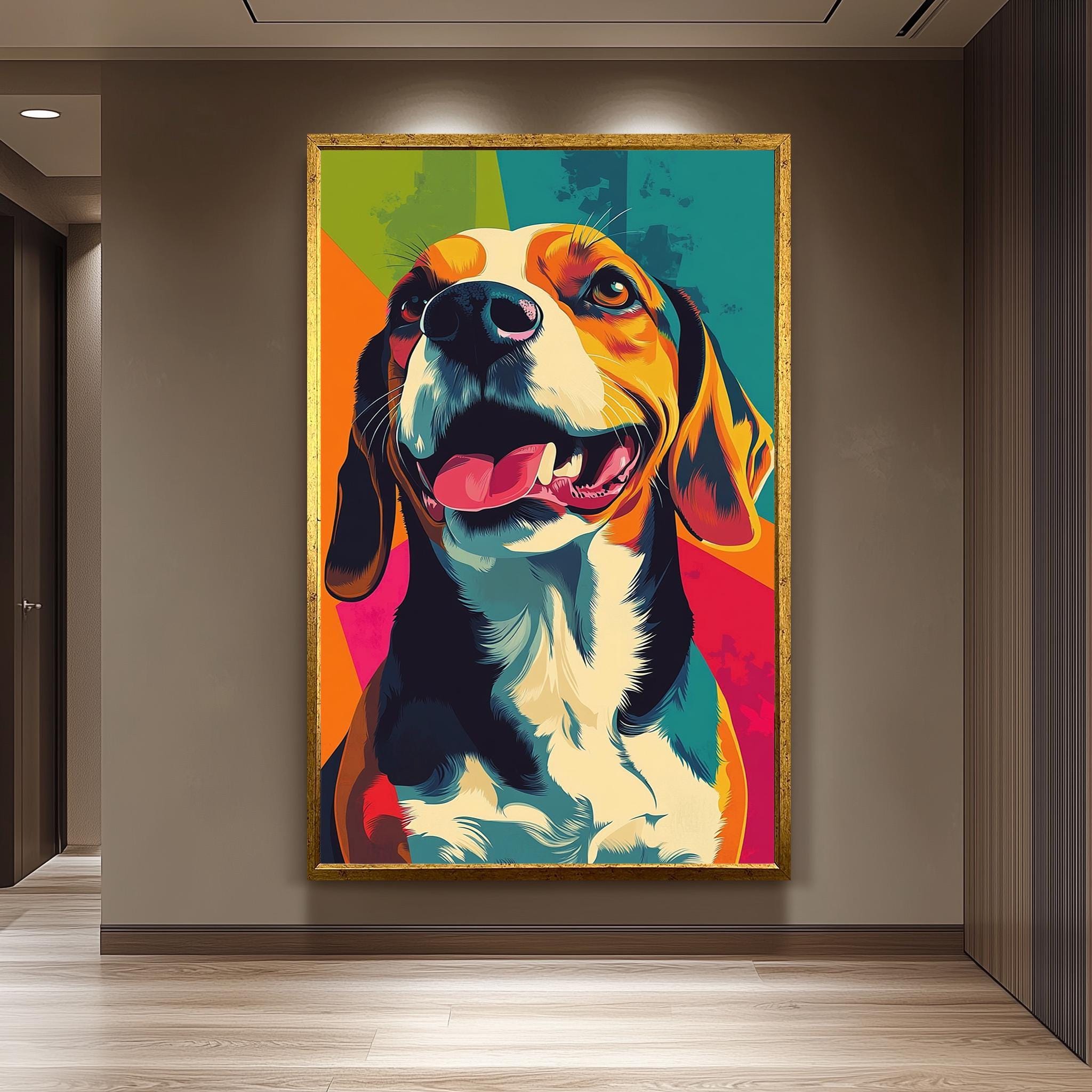 新作。手作り額付き作品　title「Let it BEAGLEワンコ」 Pop Art Beagle Canvas Wall Art Print – Retro Colorful Dog Portrait