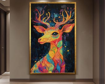 Psychedelic Deer Art Canvas Wall Art Colorful Surreal Forest Animal Decor for Living Room, Cabin or Meditation Space Unique Nature Gift Idea