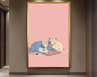 Retro White Tigers Eating Pizza Wall Art Pastel Pop Art Canvas Print 80s Style Tigers With Pepperoni Pizza On Pink Background Tiger Wall Art