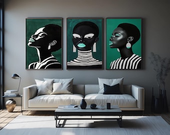 Afro Woman Portrait Art Set: Modern Black Girl Fashion Prints