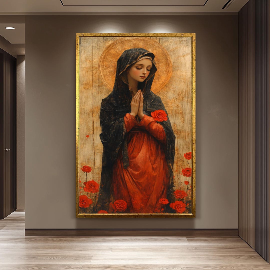 Virgin Mary Painting With Red Dress and Golden Halo, Roses and Prayer ...
