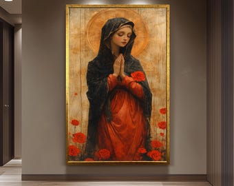 Virgin Mary Painting with Red Dress and Golden Halo, Roses and Prayer Pose Canvas Print, Catholic Sacred Art for Religious Home Decor