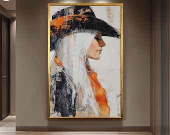 Abstract Cowgirl Oil Painting on Canvas | Western Woman with Long White Hair and Orange Scarf in Black Hat | Rustic Wall Art for Home