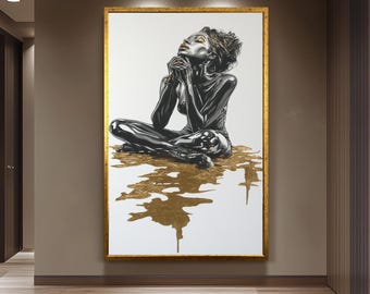 Luxury Black and Gold Woman Art - Modern Abstract Female Portrait - Elegant Feminine Wall Decor - Sophisticated Women Canvas Print Decor
