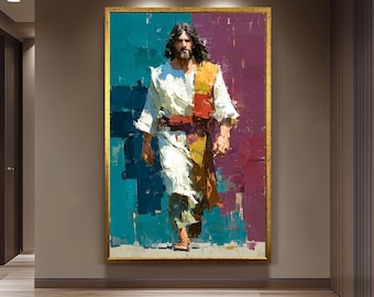 Jesus Walking Oil Painting on Canvas | Modern Abstract Religious Wall Art | Vibrant Christian Home Decor | Spiritual Gift for Believers