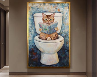 Funny Cat Bathroom Wall Art, Whimsical Cat Reading Painting, Quirky Toilet Humor Canvas Print, Playful Feline Decor, Unique Bathroom Artwork