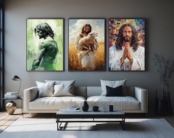 3 Piece Jesus Christ Wall Art – Christian Religious Paintings of Faith, Prayer, and Shepherd for Inspirational Home and Church Decor