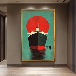 Retro Ocean Liner Wall Art Print, Vintage Cruise Ship Poster with Bold Red Sun, Nautical Maritime Travel Decor for Office or Living Room