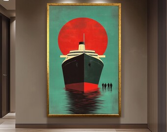 Retro Ocean Liner Wall Art Print, Vintage Cruise Ship Poster with Bold Red Sun, Nautical Maritime Travel Decor for Office or Living Room