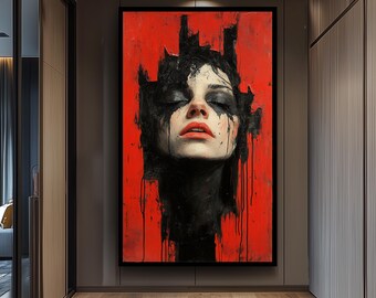 Dark Surreal Portrait Wall Art of Woman with Black Paint Tears on Red Background | Emotional Gothic Expressionist Painting Print, Dark Print