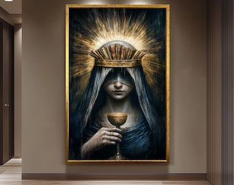 Surreal Gothic Woman Portrait, Dark Fantasy Wall Art, Book Crown Print, Occult Aesthetic Decor, Holy Grail Painting, Vintage Women Art