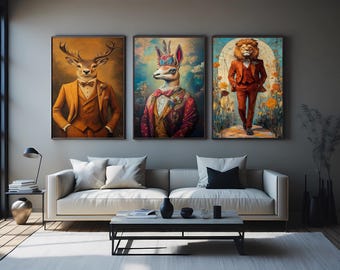 Whimsical Dressed Animal Wall Art Set of 3 – Fashionable Llama, Suave Lion in Suit, Elegant Deer Gentleman Animal Portrait Prints Animal Art