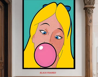 Pop Art Blonde Girl Blowing Pink Bubblegum Wall Art – Retro Comic Style Poster for Modern Room, Teen Bedroom or Fun Pop Decor Woman Print