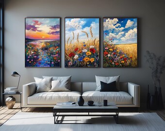 Colorful Wildflower and Wheat Field Landscape Wall Art Set of 3 – Impressionist Nature Oil Paintings for Rustic Home Decor Landscape Artwork