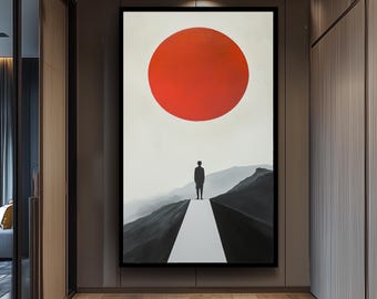 Minimalist Man and Red Sun Wall Art Print | Surreal Abstract Landscape Poster | Modern Black White Red Painting for Contemporary Decor