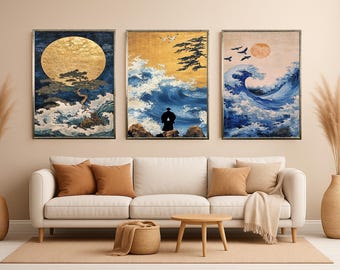 Japanese Wave and Moon Wall Art Set of 3 – Traditional Ocean Landscape Paintings with Birds, Pines and Golden Sun Surreal Wall Art Color Art