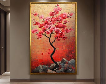 Cherry Blossom Tree Painting, Japanese Sakura Wall Art, Hand Painted Floral Canvas, Textured Blossom Artwork, Elegant Nature Home Decor