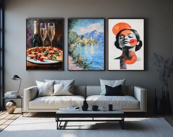 3 Piece Wall Art Set Impressionist Lake Landscape Modern Abstract Woman Champagne Pizza Canvas Prints Dining Living Room Decor Woman Artwork