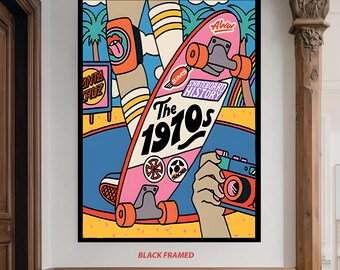 Retro 1970s Skateboard Pop Art Wall Print with Vibrant Colors – Vintage California Vibes for Skater Room or Cool Teen Decor Vintage Art