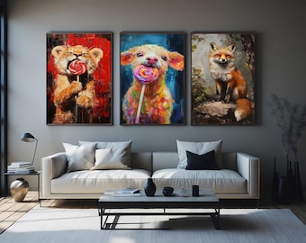 Whimsical Animal Wall Art Set of 3, Colorful Textured Oil Painting Prints with Fox and Lollipop Animals, Playful Nursery or Home Decor