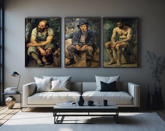 Classic Male Portrait Oil Painting Set – Rustic Worker, Seated Nude Figure, and Thoughtful Man for Vintage Art Lovers Gothic Wall Art