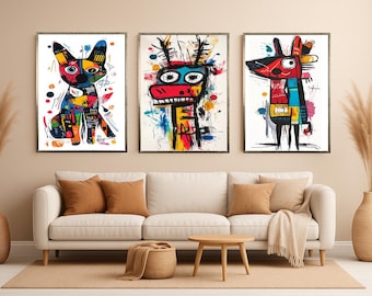 Colorful Abstract Animal Graffiti Wall Art Set of 3, Modern Street Art Canvas Prints, Urban Pop Art Decor for Living Room or Office