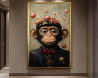 Whimsical Surreal Monkey Wall Art – Dressed Chimp Portrait with Floral Hat and Red Bow Tie – Unique Animal Print for Bold Home Decor