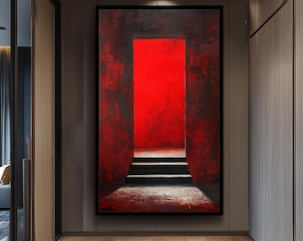 Modern Abstract Red Doorway Wall Art on Canvas, Dark Staircase and Red Light Painting, Gothic Minimalist Home Decor Wall Hanging, Gothic Art