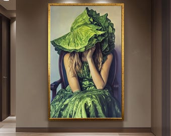 Whimsical Woman in Green Dress and Oversized Hat Oil Painting, Surreal Portrait Art with Fashion and Mystery Style Decor, Woman  Portraits