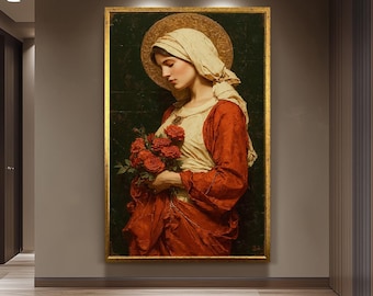 Virgin Mary Holding Roses Painting | Elegant Mother Mary Canvas Art with Golden Halo | Catholic Wall Decor for Prayer Room or Church