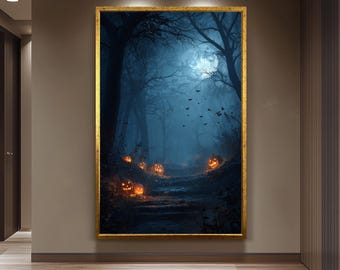 Dark Haunted Forest Trail With Glowing Jack-O'-Lanterns And Bats Canvas Wall Art For Spooky Halloween Home Decoration Living Room Wall Art