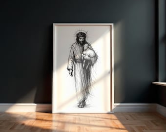 Jesus with Lamb Wall Art, Décor Religious Line Drawing, Christian Scripture Art, Modern Catholic Art Print, Minimalist Faith Artwork