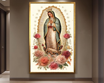 Our Lady Of Guadalupe Full Body Canvas Print With Crown Surrounded By Roses And Gold Light On Cream Background Catholic Wall Art Mother Mary