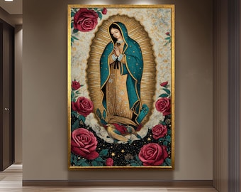 Our Lady Of Guadalupe Full Body Canvas Print Surrounded By Roses With Angel And Gold Light On Textured Background Catholic Wall Art