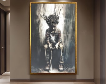 Surreal Boy with Tree Branch Hair Wall Art Emotional Fantasy Canvas Print, Symbolic Nature and Innocence Painting Thought-Provoking Décor