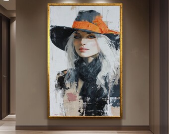 Western Woman Abstract Oil Painting | Elegant Cowgirl with Long White Hair in Orange Hat | Modern Rustic Wall Art for Home Decor  Woman Art