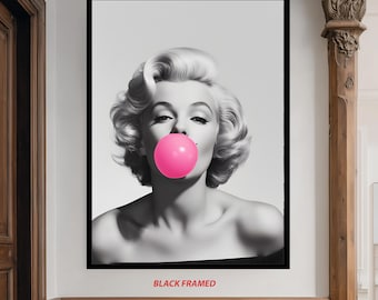 Black and White Glam Pop Art Canvas – Iconic Blonde Woman with Pink Bubble Gum – Bold Modern Wall Decor with Retro Hollywood Style