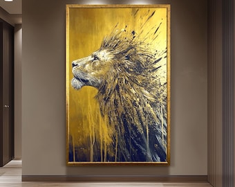 Golden Lion Abstract Painting, Majestic Animal Wall Art, Hand Painted Modern Wildlife Canvas, Bold Gold and Black Decor, Regal Lion Gift