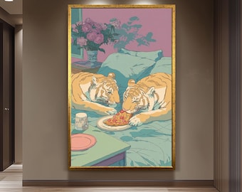 Romantic Tigers Sharing Pizza in a Dreamy Pastel Bedroom  Whimsical Retro 80s Animal Illustration for Cute Couple or Cozy Decor Tiger Print