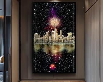 Golden Fireworks Exploding Above Snowy Night City Skyline With Reflections Canvas Wall Art For Festive Holiday Home Decor Living Room Canvas