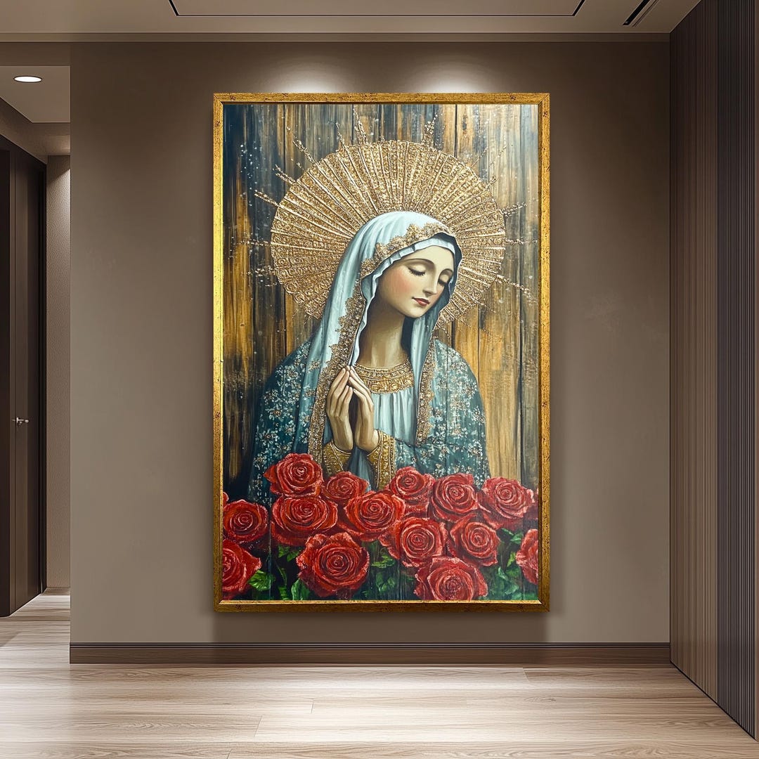 Virgin Mary Canvas Art, Red Roses, Gold Halo, Catholic Home Decor - Etsy
