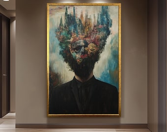 Surreal Abstract Wall Art of Man with Melting Forest Head in Dark Suit | Dreamlike Fantasy Portrait with Colorful Landscape Explosion