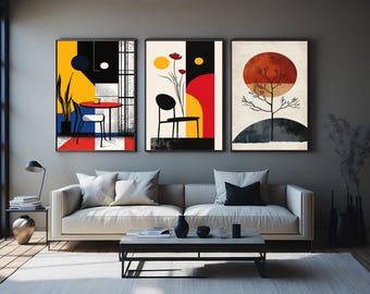 3 Piece Modern Abstract Wall Art Set, Colorful Geometric Prints with Flowers and Shapes, Bold Mid Century Inspired Home Decor Floral Art